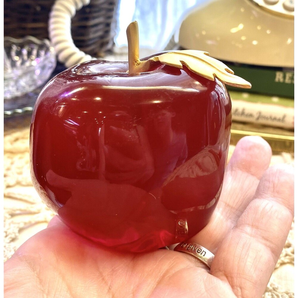Vintage Lucite Acrylic MCM Paperweight Red Apple Gold Metal Leaf Stem